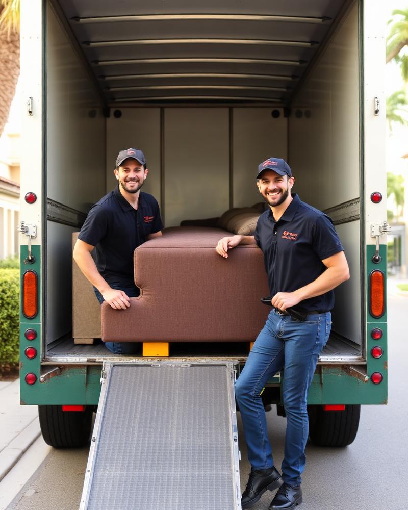 Movers loading a couch into the truck